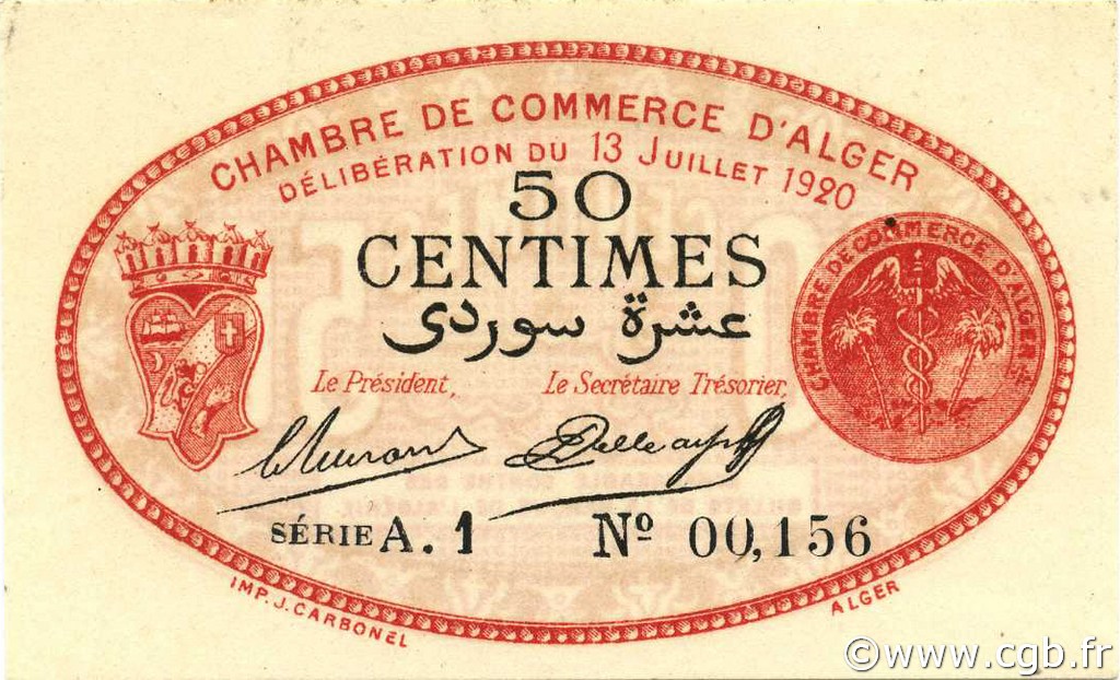 50 Centimes ALGÉRIE Alger 1920 JP.137.13 pr.NEUF