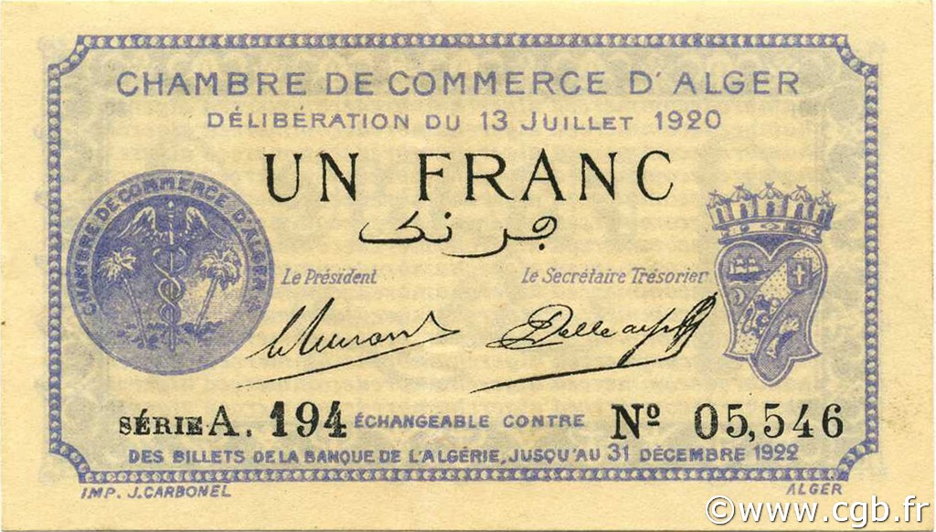 1 Franc ALGÉRIE Alger 1920 JP.137.15 SPL