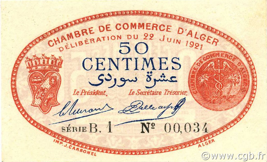 50 Centimes ALGÉRIE Alger 1921 JP.137.19 SPL