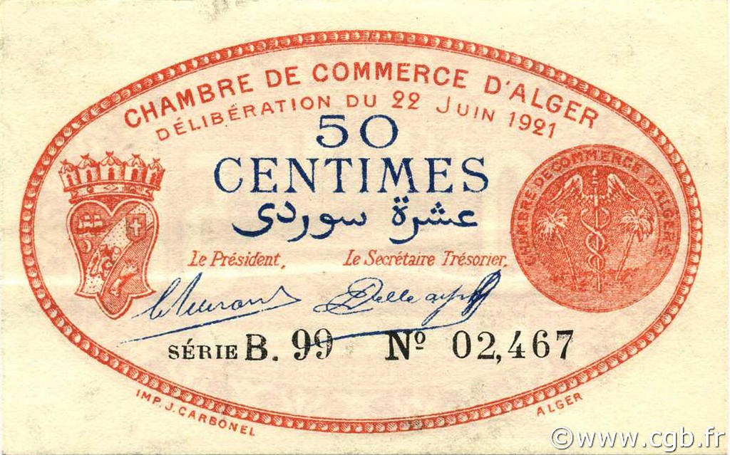 50 Centimes ALGÉRIE Alger 1921 JP.137.19 SUP