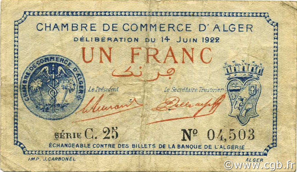 1 Franc ALGÉRIE Alger 1922 JP.137.24 TB+