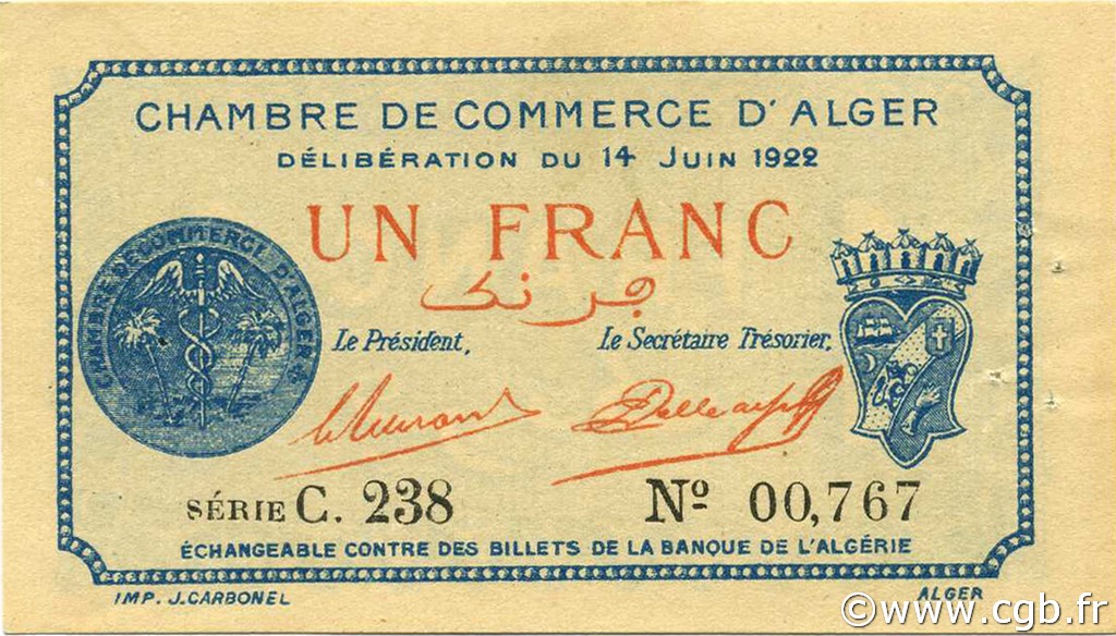 1 Franc ALGÉRIE Alger 1922 JP.137.24 SUP