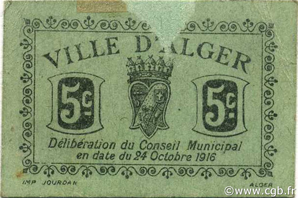 5 Centimes ALGÉRIE Alger 1916 JPCV.01 TTB