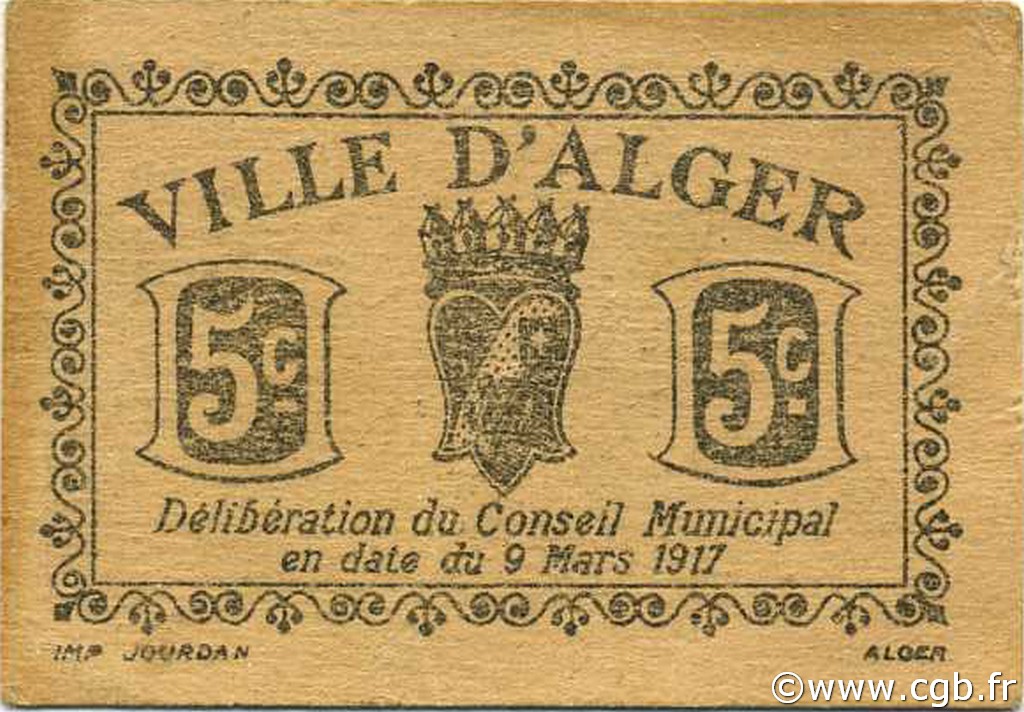 5 Centimes ALGÉRIE Alger 1917 JPCV.05v SPL