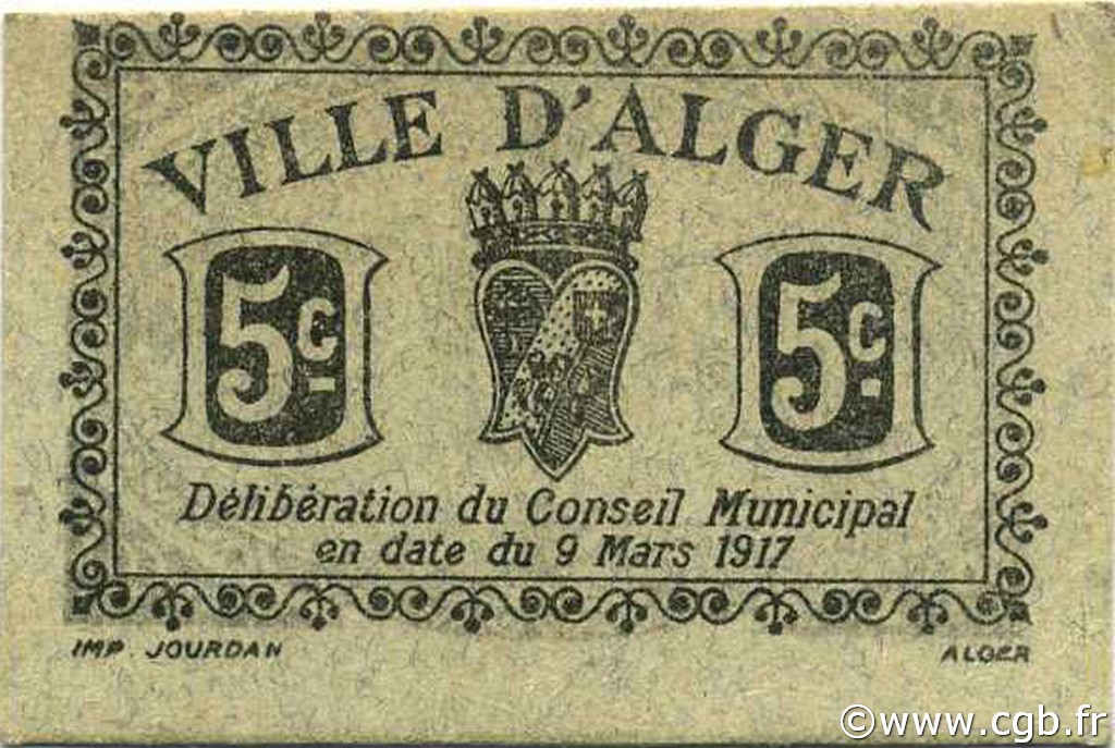 5 Centimes ALGÉRIE Alger 1917 JPCV.06 NEUF