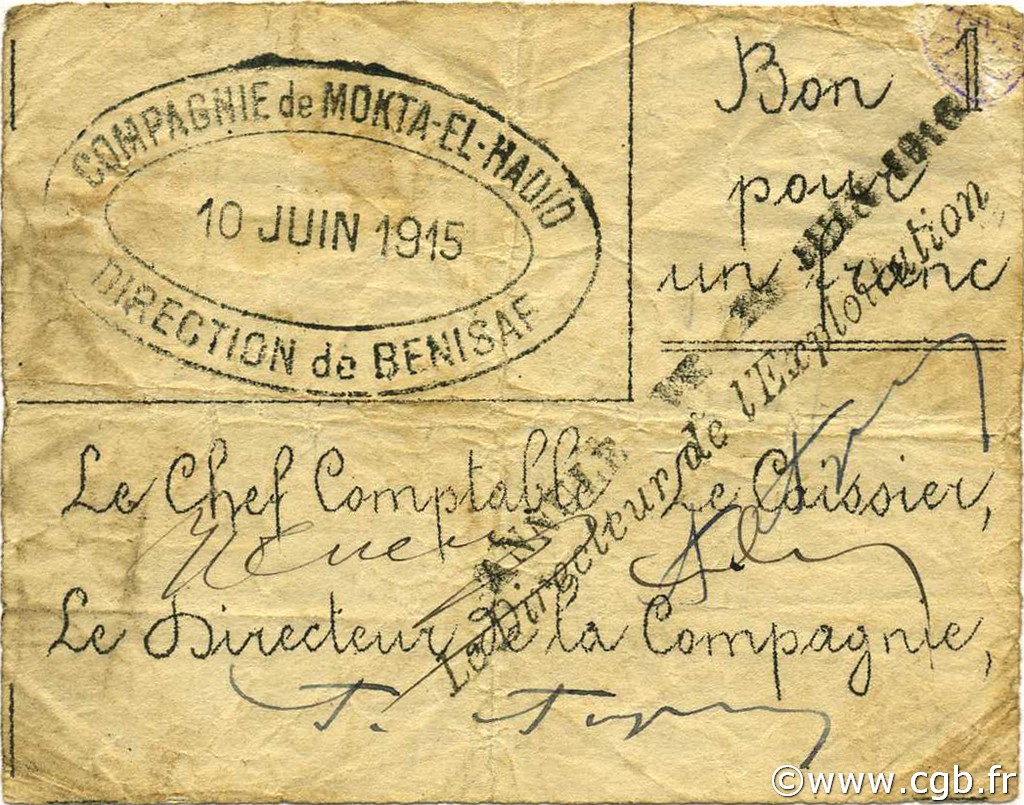 1 Franc ALGÉRIE Bénisaf 1915 JPCV.08 TTB