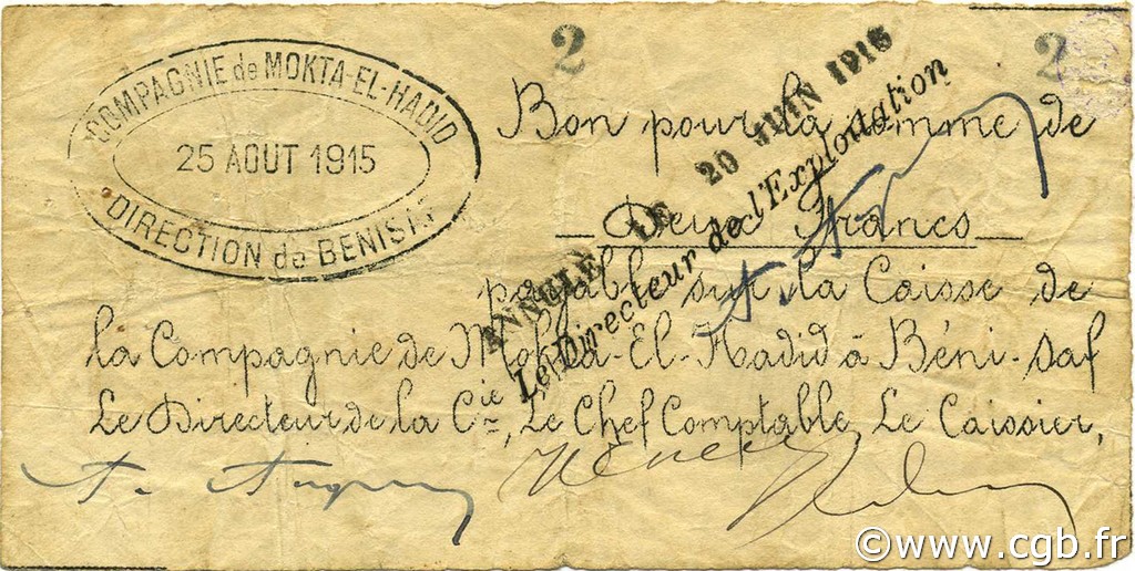 2 Francs ALGÉRIE Bénisaf 1915 JPCV.13 pr.TTB