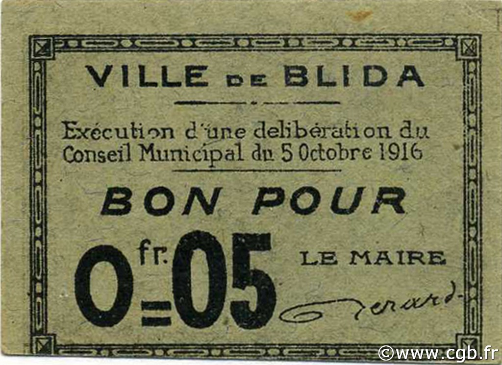 5 Centimes ALGÉRIE Blida 1916 JPCV.01 NEUF