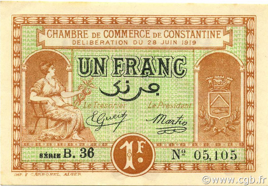 1 Franc ALGERIA Constantine 1919 JP.140.20 AU
