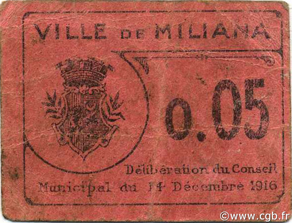 5 Centimes ALGÉRIE Miliana 1916 JPCV.01 TTB