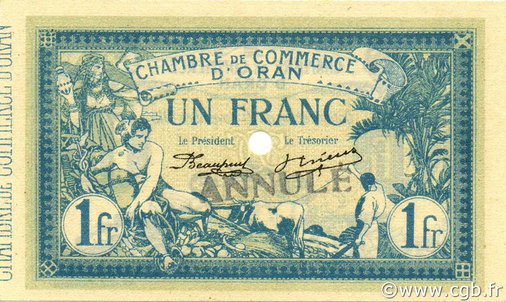 1 Franc Annulé ALGERIA Oran 1915 JP.141.10 UNC
