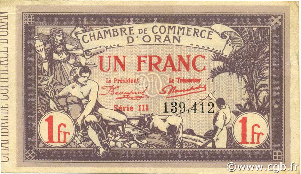 1 Franc ALGÉRIE Oran 1920 JP.141.23 pr.SUP