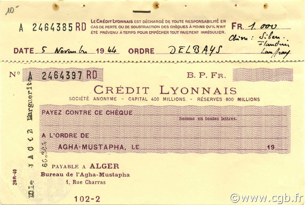 1000 Francs ALGÉRIE  1944 P.-- SUP
