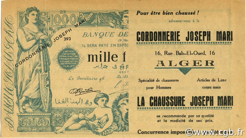 1000 Francs Publicitaire ALGÉRIE  1930 P.-- SUP