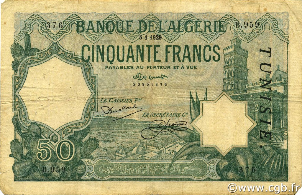 50 Francs TUNISIE  1929 P.09 TB