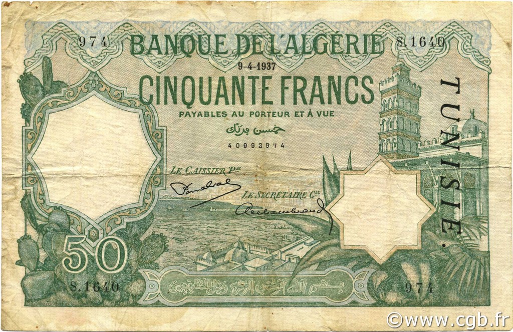 50 Francs TUNISIE  1937 P.09 TB+
