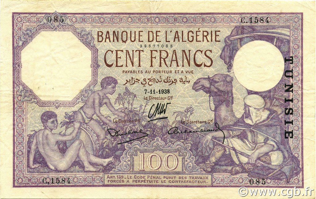 100 Francs TUNISIE  1938 P.10c TTB
