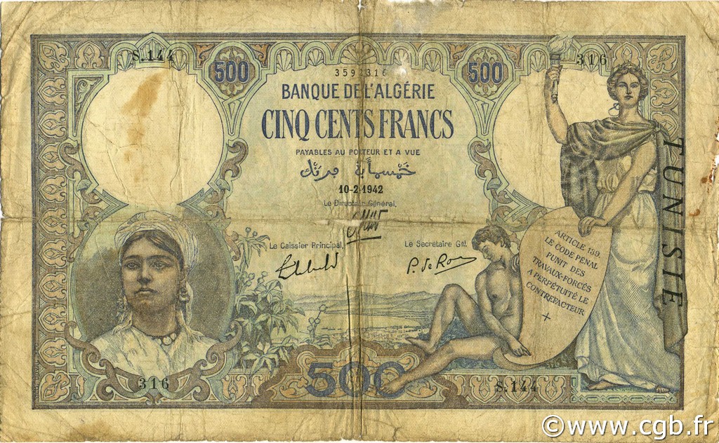 500 Francs TUNESIEN  1942 P.14 SGE