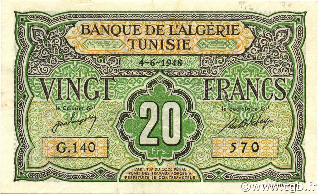 20 Francs TUNISIE  1948 P.22 TTB+