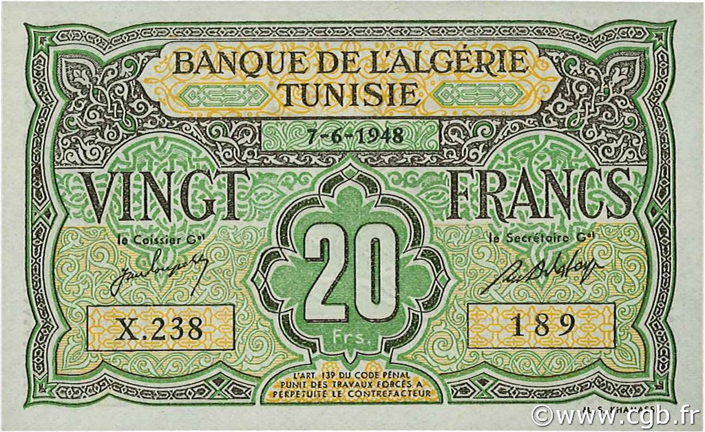 20 Francs TUNISIE  1948 P.22 pr.NEUF
