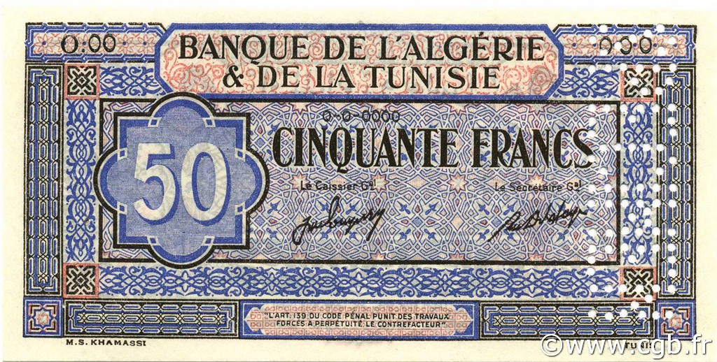 50 Francs Spécimen TUNISIE  1949 P.23s SPL