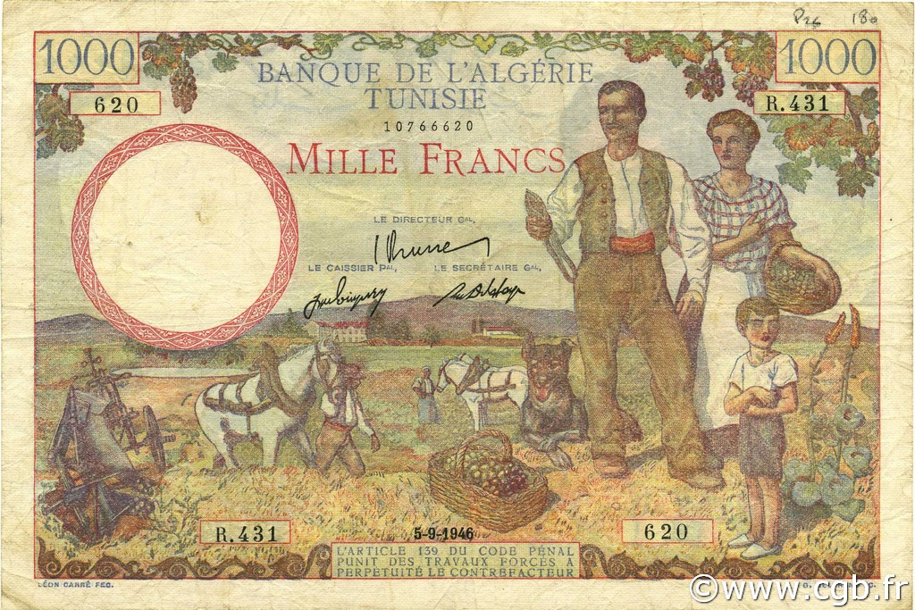1000 Francs TUNISIE  1946 P.26 TB à TTB