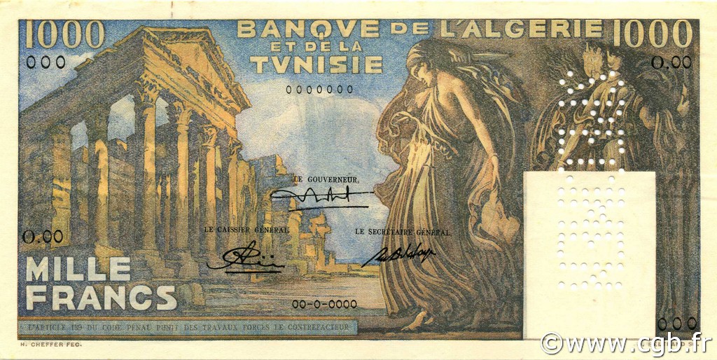 1000 Francs Spécimen TUNISIE  1950 P.29s SUP+