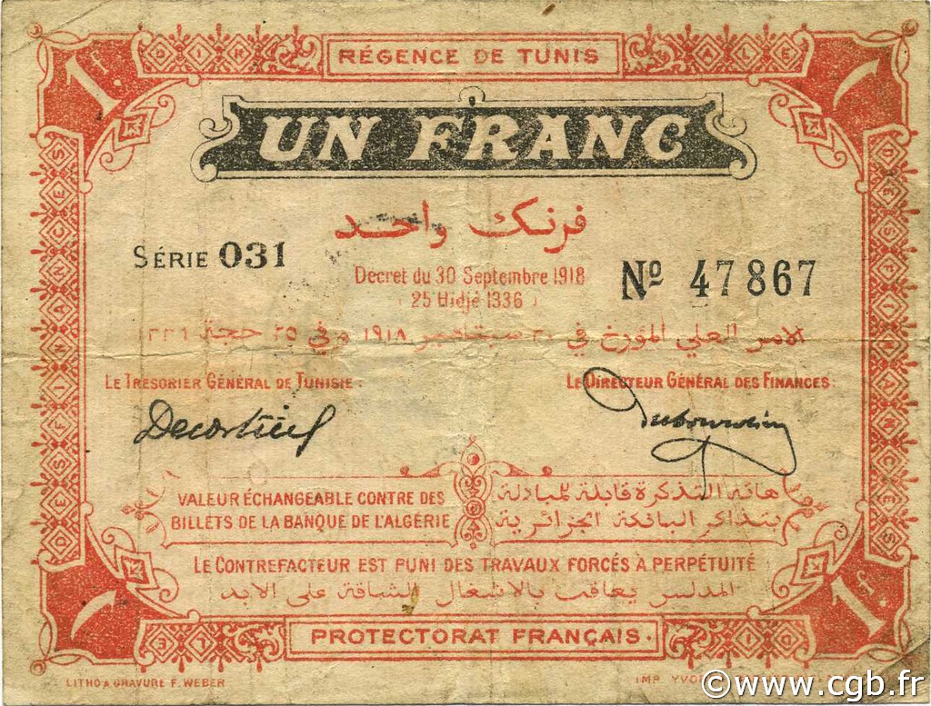 1 Franc TUNISIE  1918 P.40 TB