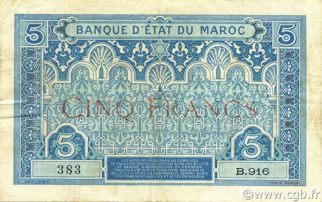 5 Francs MOROCCO  1921 P.08 F+