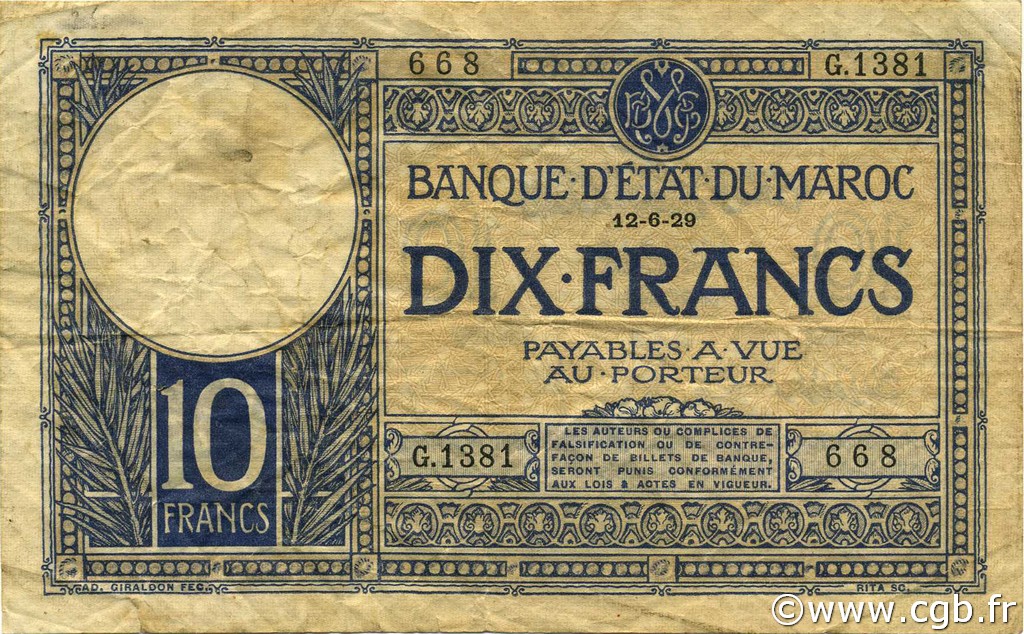 10 Francs MAROKKO  1929 P.17a fSS