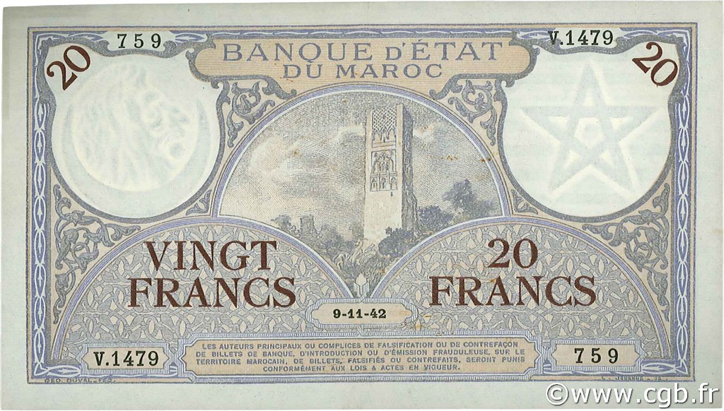 20 Francs MOROCCO  1942 P.18b XF