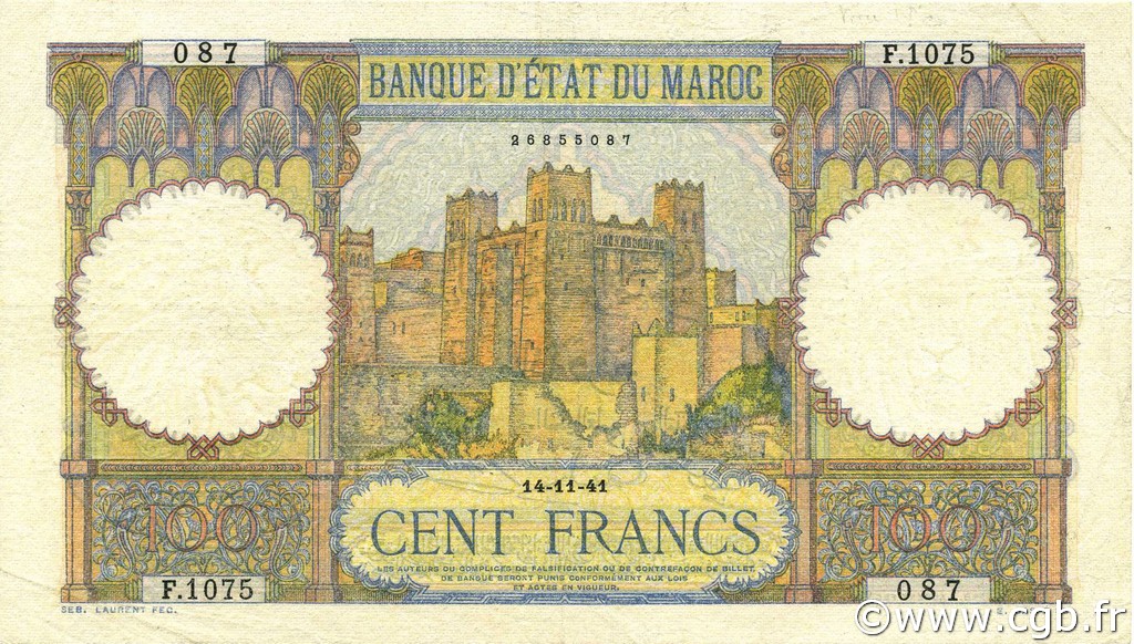 100 Francs MOROCCO  1941 P.20 VF