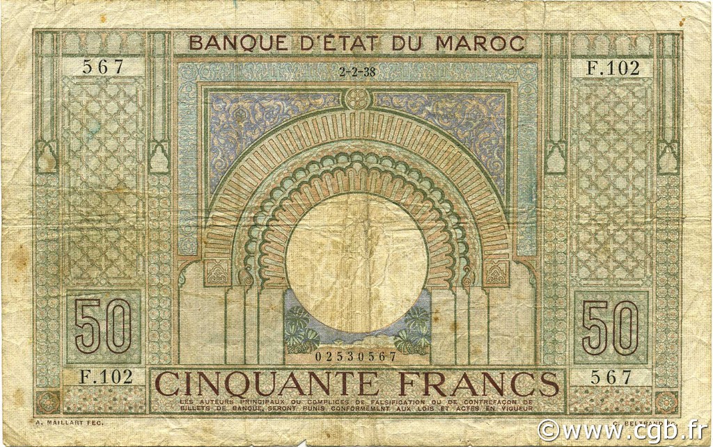 50 Francs MAROC  1938 P.21 B+