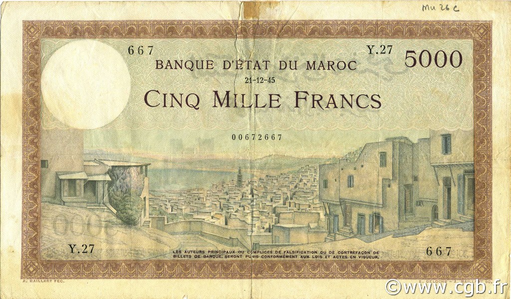 5000 Francs MAROC  1945 P.23c TB