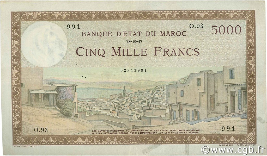 5000 Francs MAROC  1947 P.23c pr.TTB