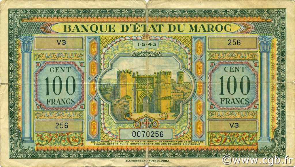 100 Francs MOROCCO  1943 P.27 VG