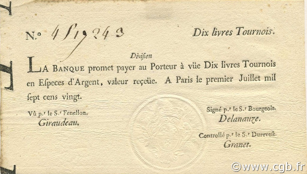 10 Livres Tournois typographié FRANCE  1720 Laf.093 SUP