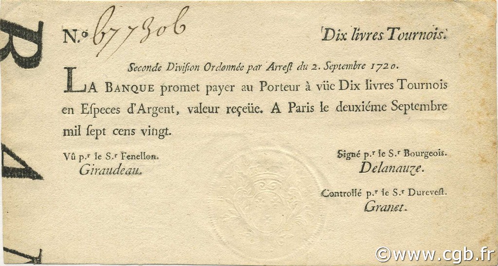 10 Livres Tournois typographié FRANCE  1720 Laf.095 SUP+