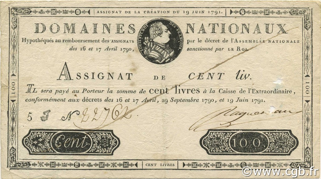 100 Livres FRANCE  1791 Laf.140 TTB