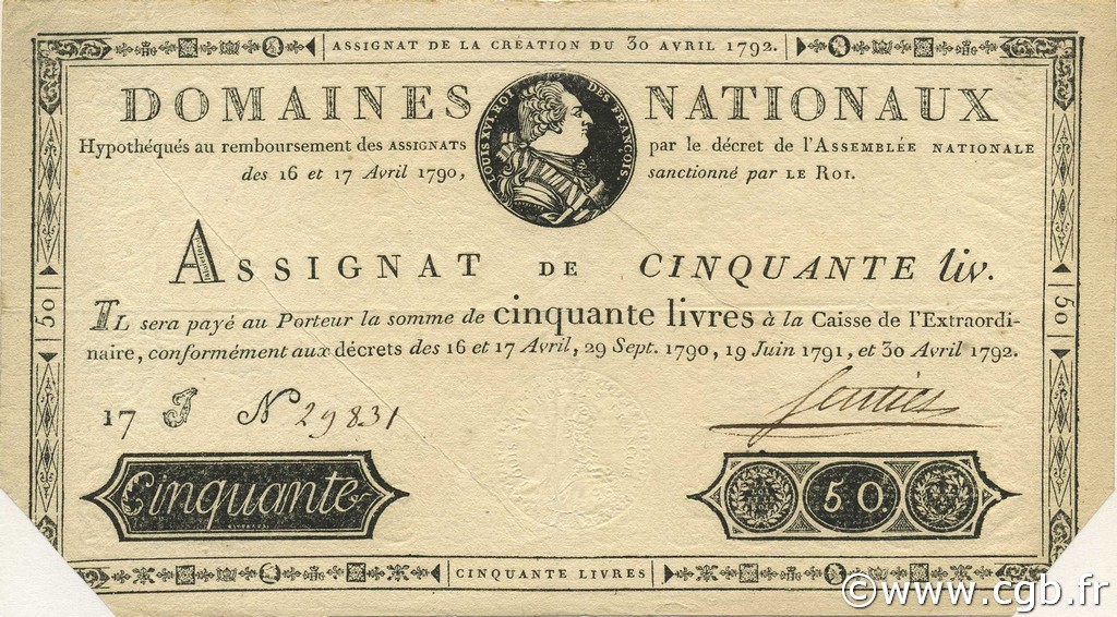 50 Livres FRANCE  1792 Laf.153 pr.SUP