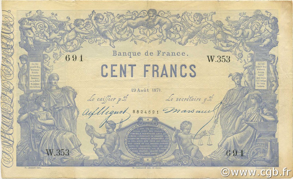 100 Francs indices noirs FRANCE  1871 F.A39.07 TTB à SUP