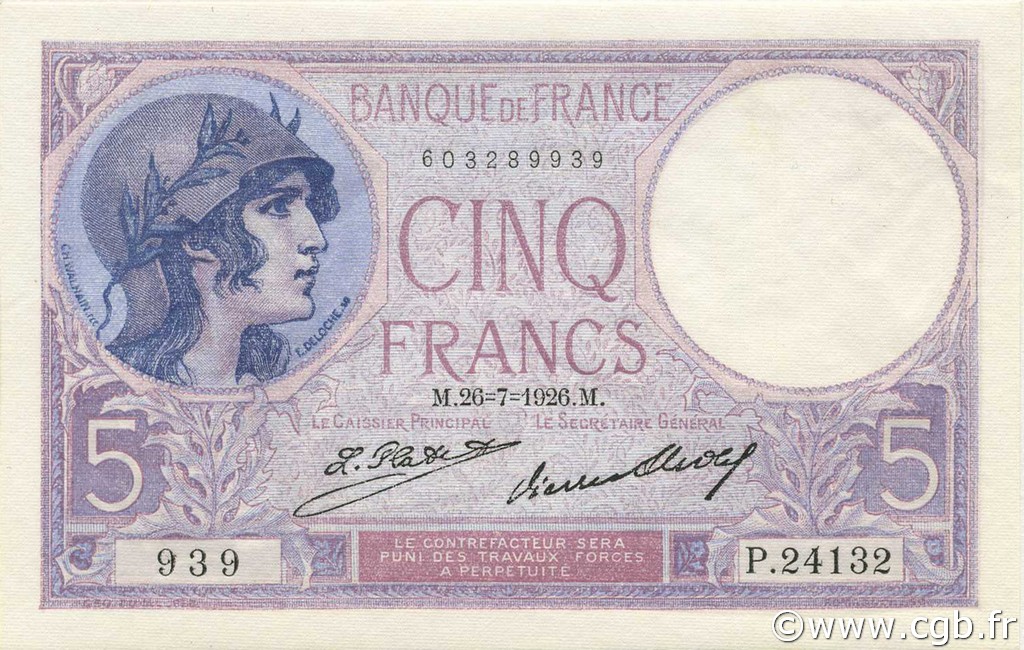 5 Francs FEMME CASQUÉE FRANCE  1926 F.03.10 NEUF