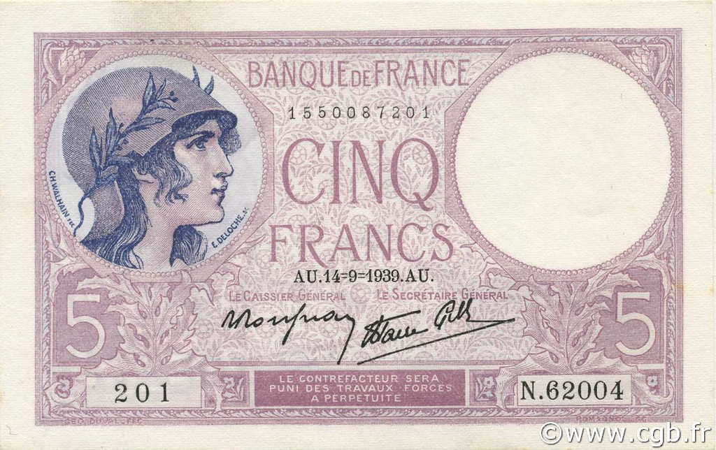 5 Francs FEMME CASQUÉE modifié FRANCE  1939 F.04.08 NEUF