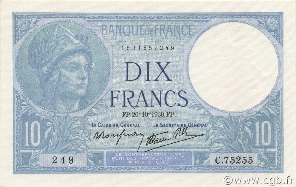 10 Francs MINERVE modifié FRANCE  1939 F.07.13 pr.NEUF