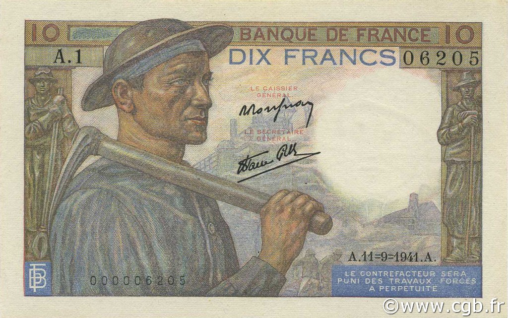 10 Francs MINEUR FRANCE  1941 F.08.01A1 SUP