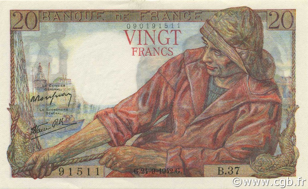20 Francs PÊCHEUR FRANCE  1942 F.13.03 NEUF