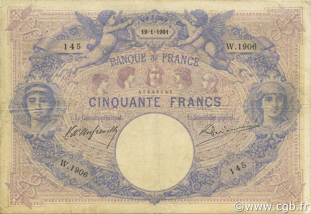 50 Francs BLEU ET ROSE FRANCE  1901 F.14.13 TB+