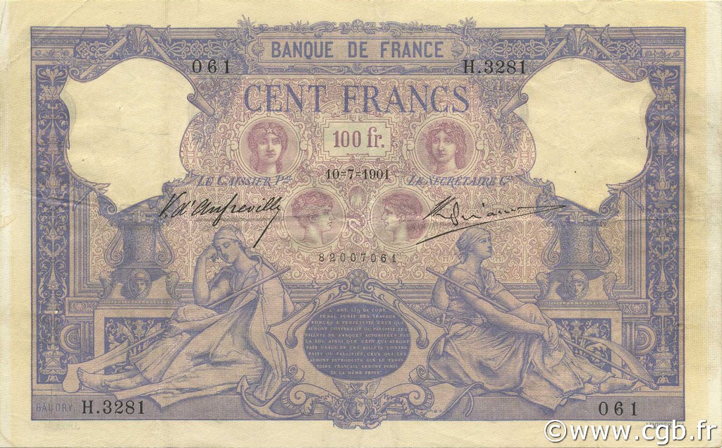 100 Francs BLEU ET ROSE FRANCE  1901 F.21.15 TTB+