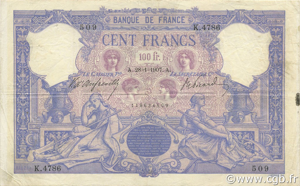 100 Francs BLEU ET ROSE FRANCE  1907 F.21.21 TTB