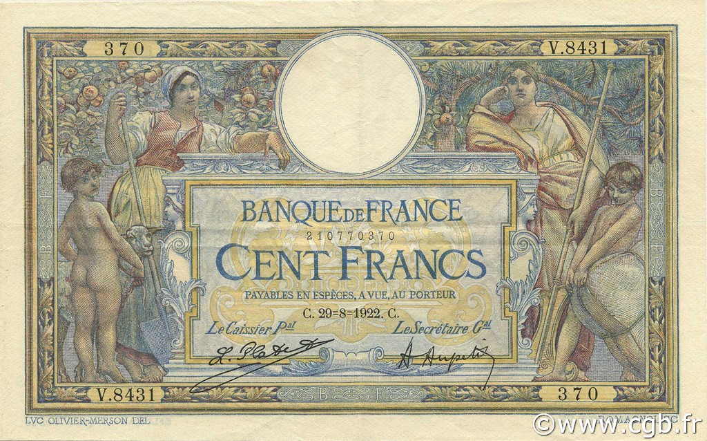 100 Francs LUC OLIVIER MERSON sans LOM FRANCE  1922 F.23.15 pr.SUP